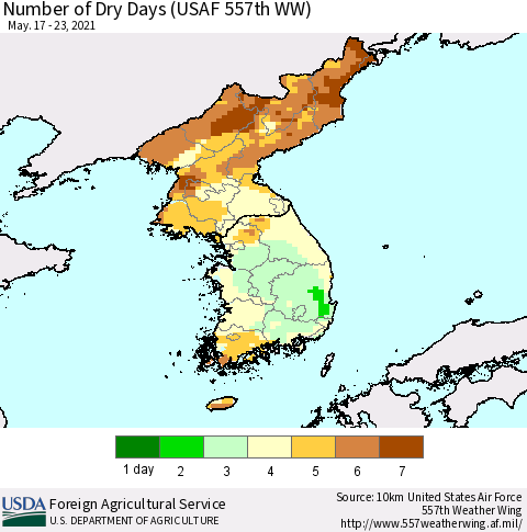 Korea Number of Dry Days (USAF 557th WW) Thematic Map For 5/17/2021 - 5/23/2021