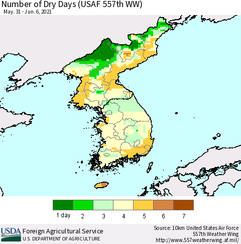 Korea Number of Dry Days (USAF 557th WW) Thematic Map For 5/31/2021 - 6/6/2021