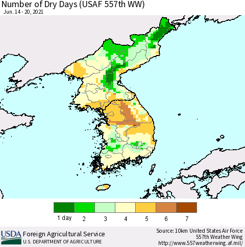 Korea Number of Dry Days (USAF 557th WW) Thematic Map For 6/14/2021 - 6/20/2021