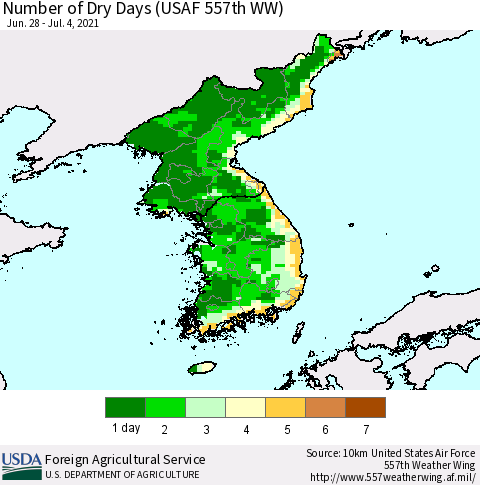 Korea Number of Dry Days (USAF 557th WW) Thematic Map For 6/28/2021 - 7/4/2021