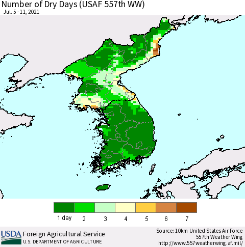 Korea Number of Dry Days (USAF 557th WW) Thematic Map For 7/5/2021 - 7/11/2021