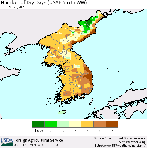Korea Number of Dry Days (USAF 557th WW) Thematic Map For 7/19/2021 - 7/25/2021
