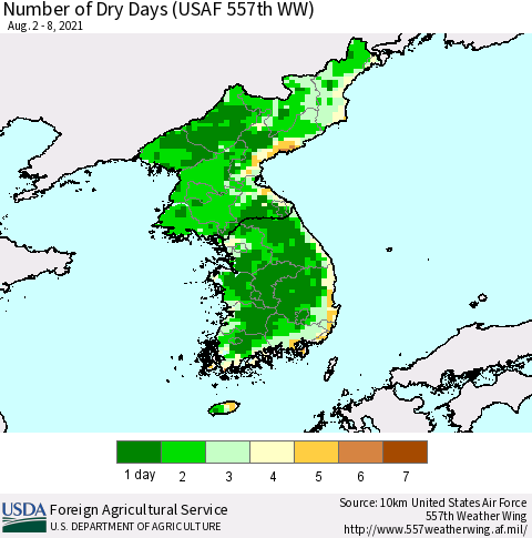 Korea Number of Dry Days (USAF 557th WW) Thematic Map For 8/2/2021 - 8/8/2021
