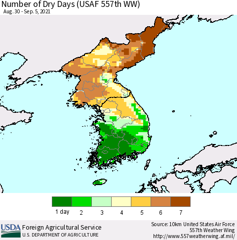 Korea Number of Dry Days (USAF 557th WW) Thematic Map For 8/30/2021 - 9/5/2021