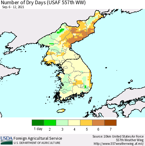 Korea Number of Dry Days (USAF 557th WW) Thematic Map For 9/6/2021 - 9/12/2021