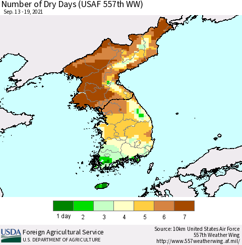 Korea Number of Dry Days (USAF 557th WW) Thematic Map For 9/13/2021 - 9/19/2021