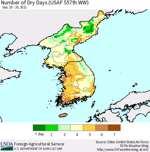 Korea Number of Dry Days (USAF 557th WW) Thematic Map For 9/20/2021 - 9/26/2021