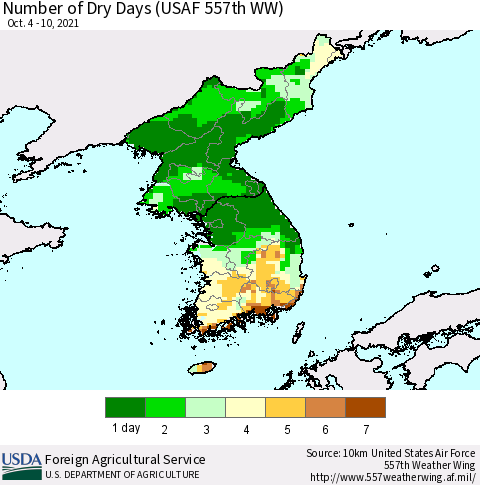 Korea Number of Dry Days (USAF 557th WW) Thematic Map For 10/4/2021 - 10/10/2021