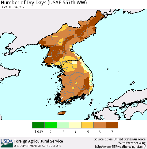 Korea Number of Dry Days (USAF 557th WW) Thematic Map For 10/18/2021 - 10/24/2021