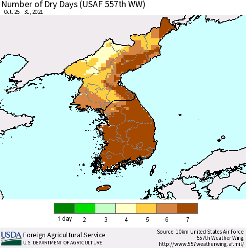 Korea Number of Dry Days (USAF 557th WW) Thematic Map For 10/25/2021 - 10/31/2021