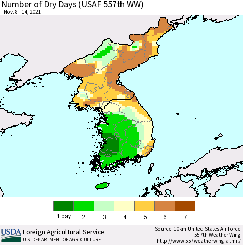 Korea Number of Dry Days (USAF 557th WW) Thematic Map For 11/8/2021 - 11/14/2021