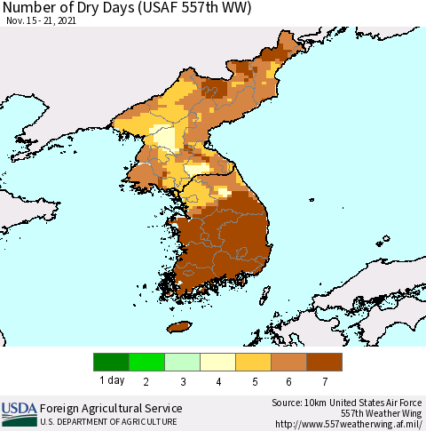 Korea Number of Dry Days (USAF 557th WW) Thematic Map For 11/15/2021 - 11/21/2021