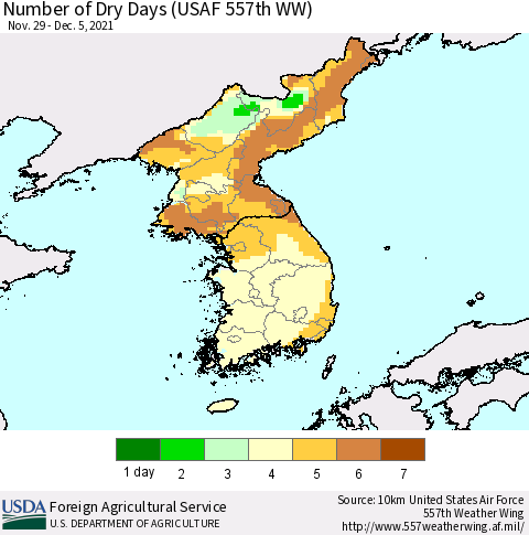 Korea Number of Dry Days (USAF 557th WW) Thematic Map For 11/29/2021 - 12/5/2021