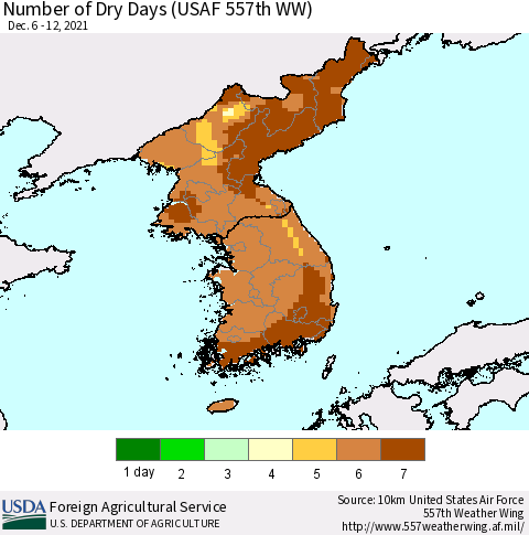 Korea Number of Dry Days (USAF 557th WW) Thematic Map For 12/6/2021 - 12/12/2021