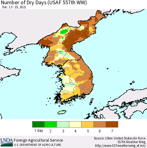 Korea Number of Dry Days (USAF 557th WW) Thematic Map For 12/13/2021 - 12/19/2021