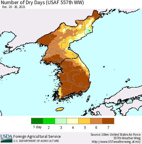 Korea Number of Dry Days (USAF 557th WW) Thematic Map For 12/20/2021 - 12/26/2021