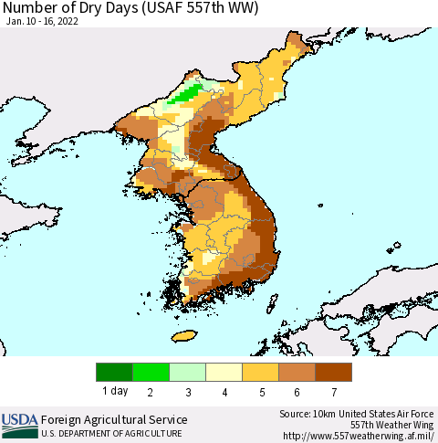 Korea Number of Dry Days (USAF 557th WW) Thematic Map For 1/10/2022 - 1/16/2022
