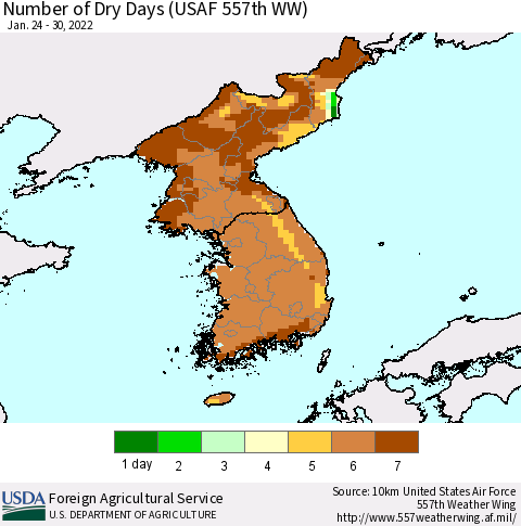 Korea Number of Dry Days (USAF 557th WW) Thematic Map For 1/24/2022 - 1/30/2022
