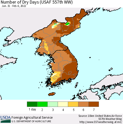 Korea Number of Dry Days (USAF 557th WW) Thematic Map For 1/31/2022 - 2/6/2022