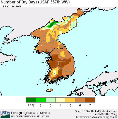 Korea Number of Dry Days (USAF 557th WW) Thematic Map For 2/14/2022 - 2/20/2022