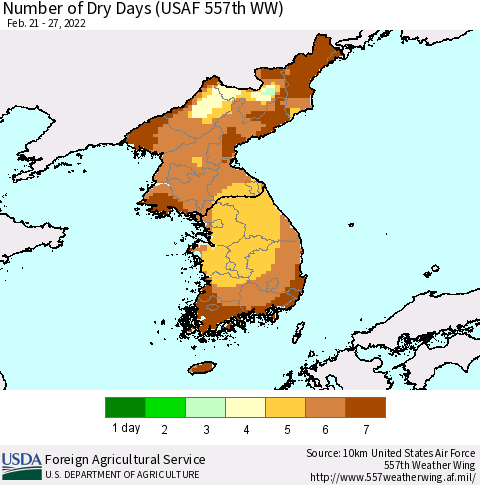 Korea Number of Dry Days (USAF 557th WW) Thematic Map For 2/21/2022 - 2/27/2022
