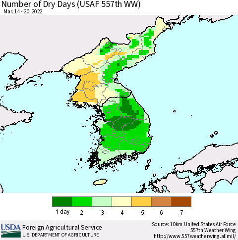 Korea Number of Dry Days (USAF 557th WW) Thematic Map For 3/14/2022 - 3/20/2022