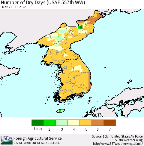 Korea Number of Dry Days (USAF 557th WW) Thematic Map For 3/21/2022 - 3/27/2022