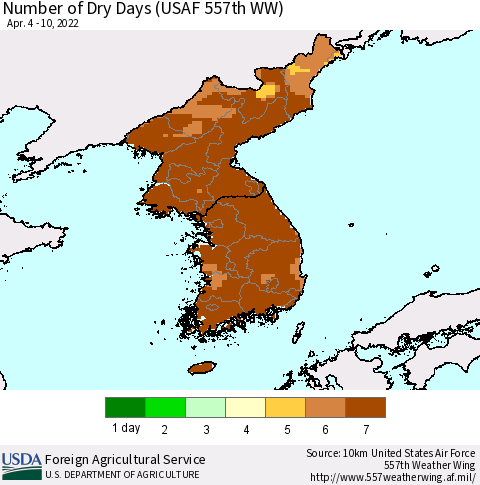 Korea Number of Dry Days (USAF 557th WW) Thematic Map For 4/4/2022 - 4/10/2022