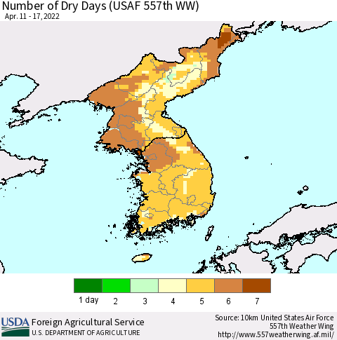 Korea Number of Dry Days (USAF 557th WW) Thematic Map For 4/11/2022 - 4/17/2022