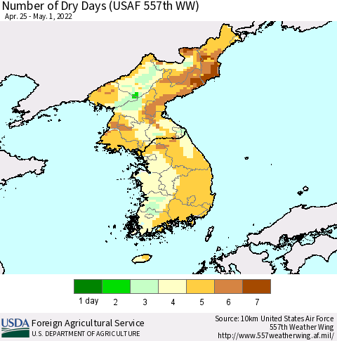 Korea Number of Dry Days (USAF 557th WW) Thematic Map For 4/25/2022 - 5/1/2022