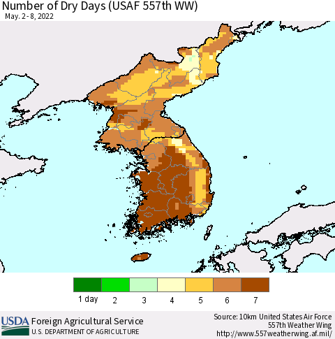 Korea Number of Dry Days (USAF 557th WW) Thematic Map For 5/2/2022 - 5/8/2022