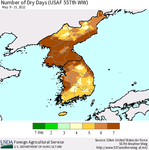 Korea Number of Dry Days (USAF 557th WW) Thematic Map For 5/9/2022 - 5/15/2022