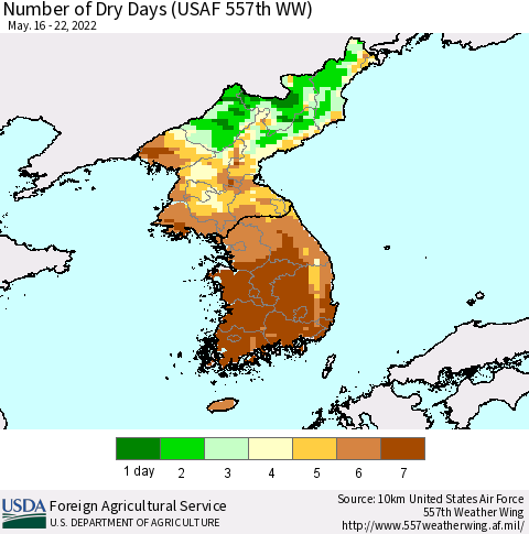 Korea Number of Dry Days (USAF 557th WW) Thematic Map For 5/16/2022 - 5/22/2022
