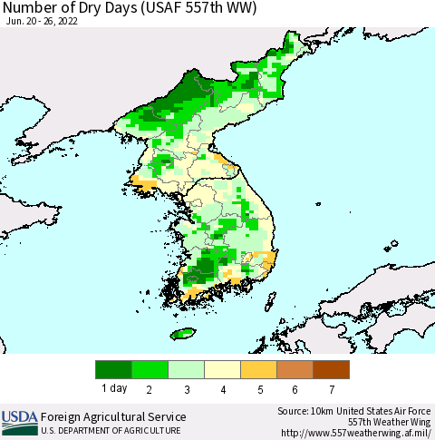 Korea Number of Dry Days (USAF 557th WW) Thematic Map For 6/20/2022 - 6/26/2022