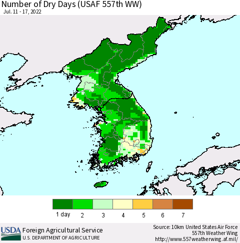 Korea Number of Dry Days (USAF 557th WW) Thematic Map For 7/11/2022 - 7/17/2022