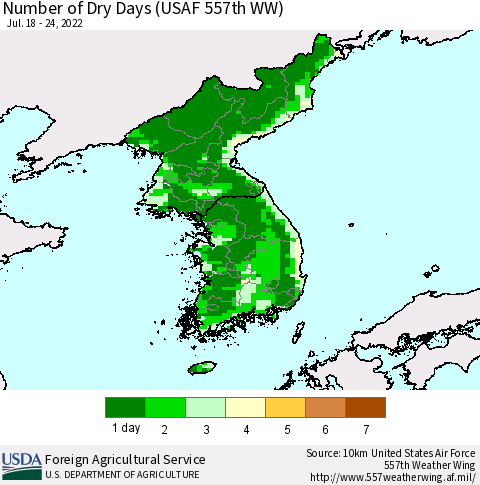 Korea Number of Dry Days (USAF 557th WW) Thematic Map For 7/18/2022 - 7/24/2022