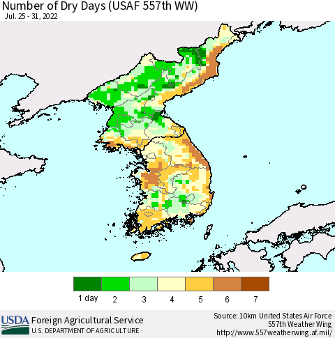 Korea Number of Dry Days (USAF 557th WW) Thematic Map For 7/25/2022 - 7/31/2022
