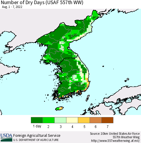 Korea Number of Dry Days (USAF 557th WW) Thematic Map For 8/1/2022 - 8/7/2022