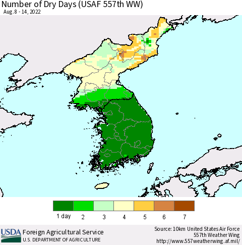 Korea Number of Dry Days (USAF 557th WW) Thematic Map For 8/8/2022 - 8/14/2022