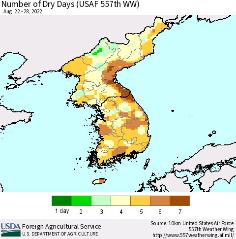 Korea Number of Dry Days (USAF 557th WW) Thematic Map For 8/22/2022 - 8/28/2022
