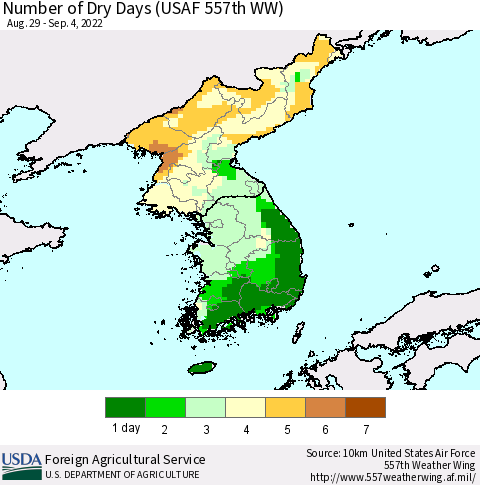 Korea Number of Dry Days (USAF 557th WW) Thematic Map For 8/29/2022 - 9/4/2022