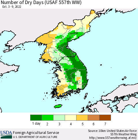 Korea Number of Dry Days (USAF 557th WW) Thematic Map For 10/3/2022 - 10/9/2022
