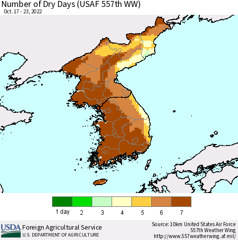 Korea Number of Dry Days (USAF 557th WW) Thematic Map For 10/17/2022 - 10/23/2022