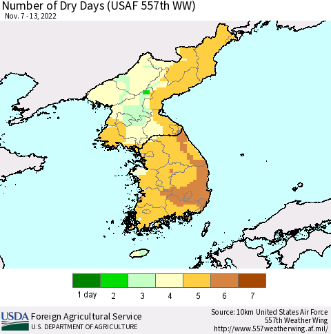Korea Number of Dry Days (USAF 557th WW) Thematic Map For 11/7/2022 - 11/13/2022
