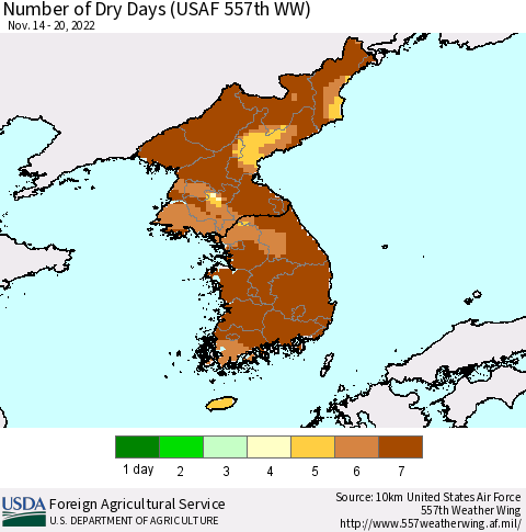 Korea Number of Dry Days (USAF 557th WW) Thematic Map For 11/14/2022 - 11/20/2022