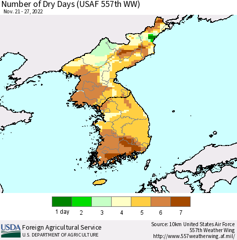 Korea Number of Dry Days (USAF 557th WW) Thematic Map For 11/21/2022 - 11/27/2022
