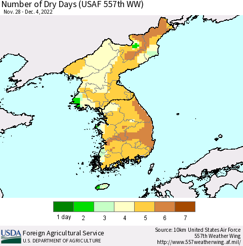 Korea Number of Dry Days (USAF 557th WW) Thematic Map For 11/28/2022 - 12/4/2022