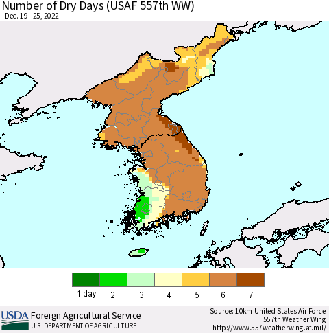 Korea Number of Dry Days (USAF 557th WW) Thematic Map For 12/19/2022 - 12/25/2022