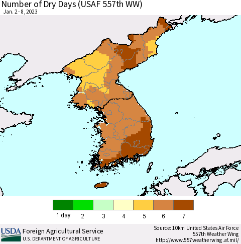 Korea Number of Dry Days (USAF 557th WW) Thematic Map For 1/2/2023 - 1/8/2023