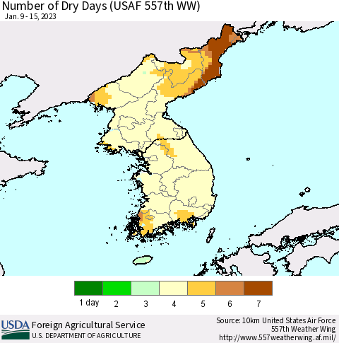 Korea Number of Dry Days (USAF 557th WW) Thematic Map For 1/9/2023 - 1/15/2023